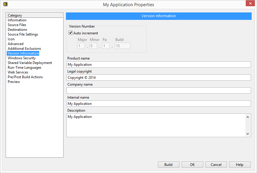 Application Version Information properties